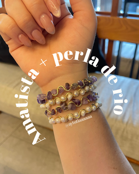 Brazaletes amatista + perla de rio